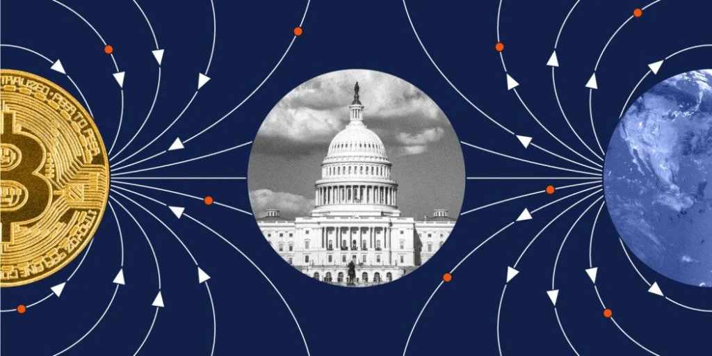 US Government Buildings, global map with Bitcoin logo.