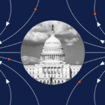 US Government Buildings, global map with Bitcoin logo.