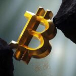 A large Bitcoin nestled between 2 x rocks.