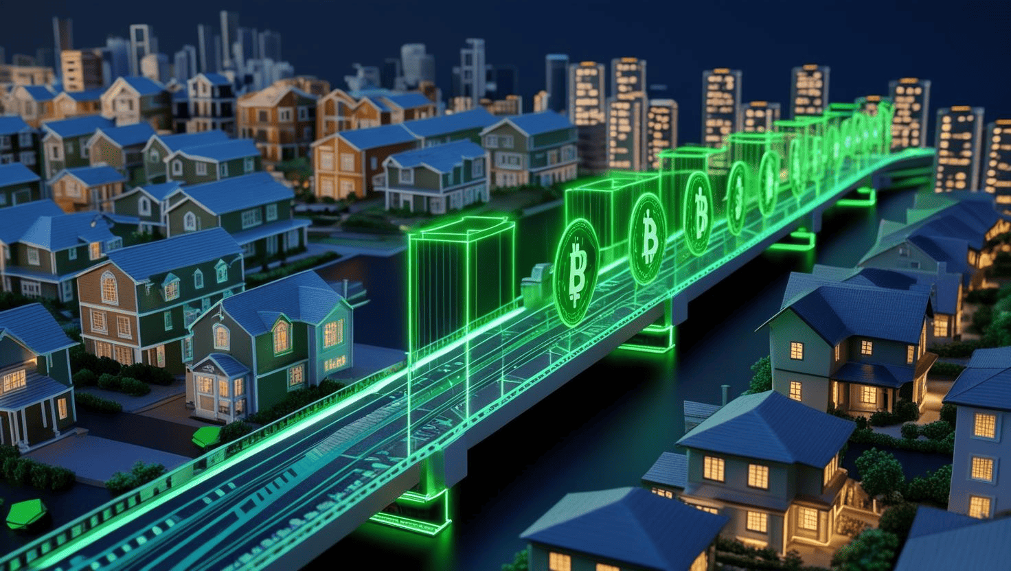 The image depicts a built up city with bright bitcoin images, symbolizing the future of financial markets with a focus on the rise of tokenized real-world assets. 