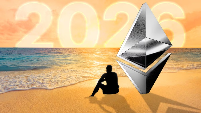 Man looking at the 2026 sunset with an Ethereum logo
